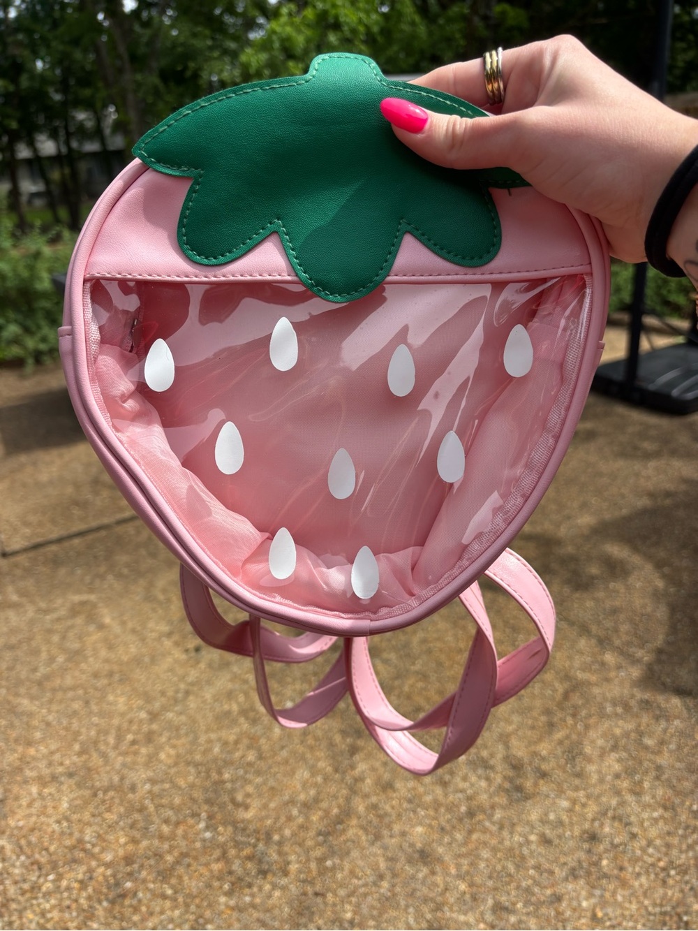 Kids Pink Strawberry Clear Front Backpack with Green Leaf Accent